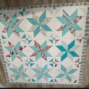 Turquoise and White Star Patchwork Quilt - Handmade